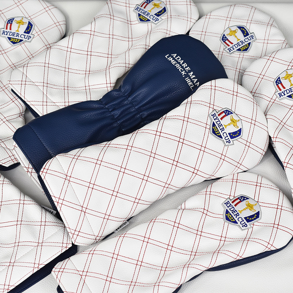 PRG Golf 2027 Ryder Cup Double Quilt Stitch Driver Cover in White and Navy - Front and Back Angled