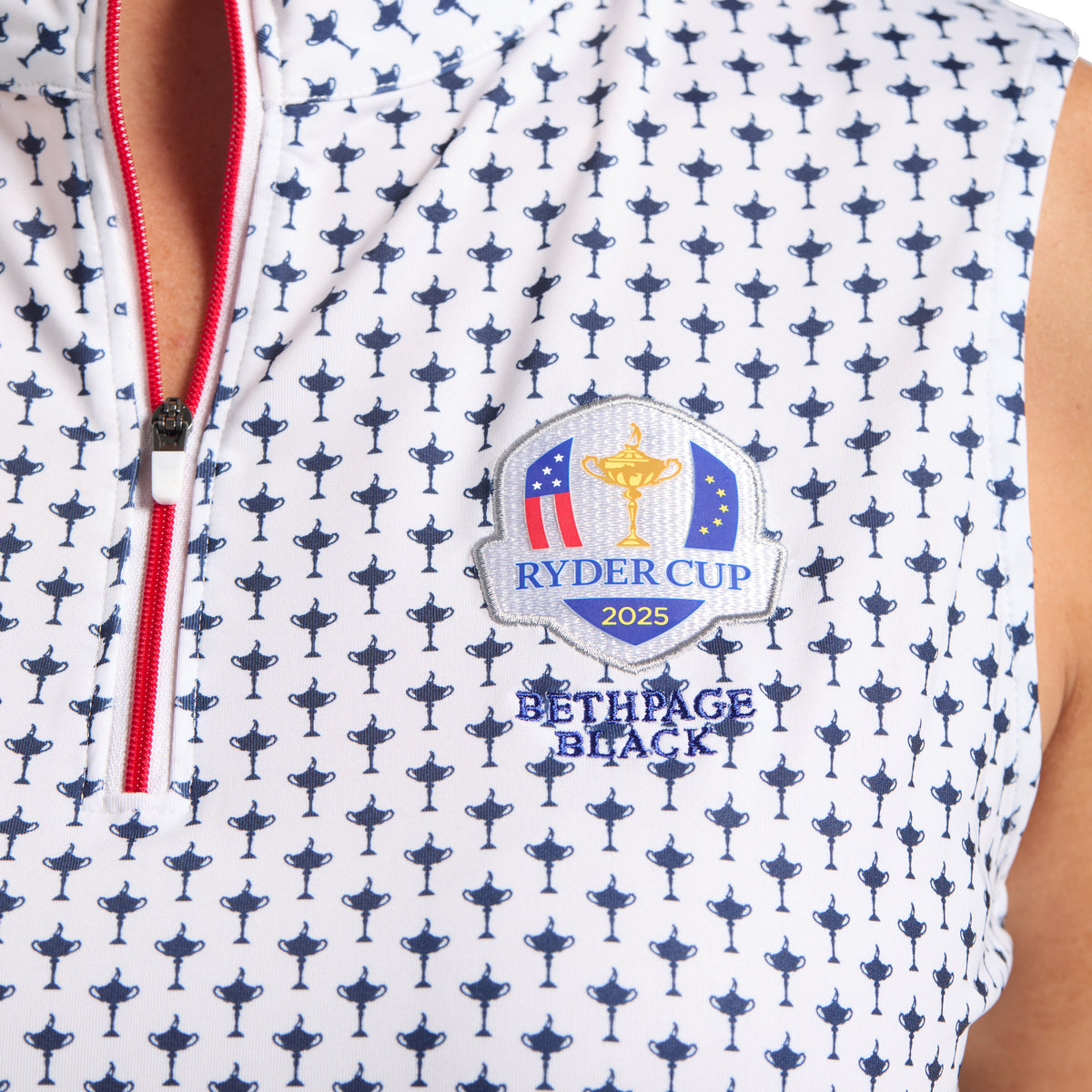 FootJoy 2025 Ryder Cup Women's Sleeveless Polo in White and Navy - Logo Close Up