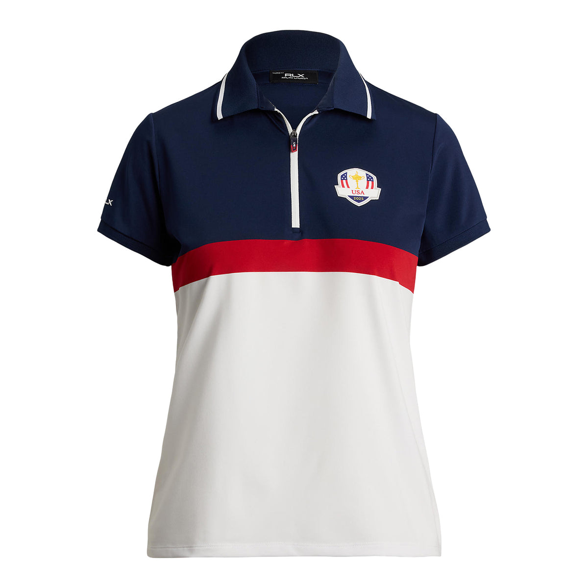 Ralph Lauren 2025 Ryder Cup Women's Quarter Zip Polo Shirt in Refined Navy and Ceramic White - Front View
