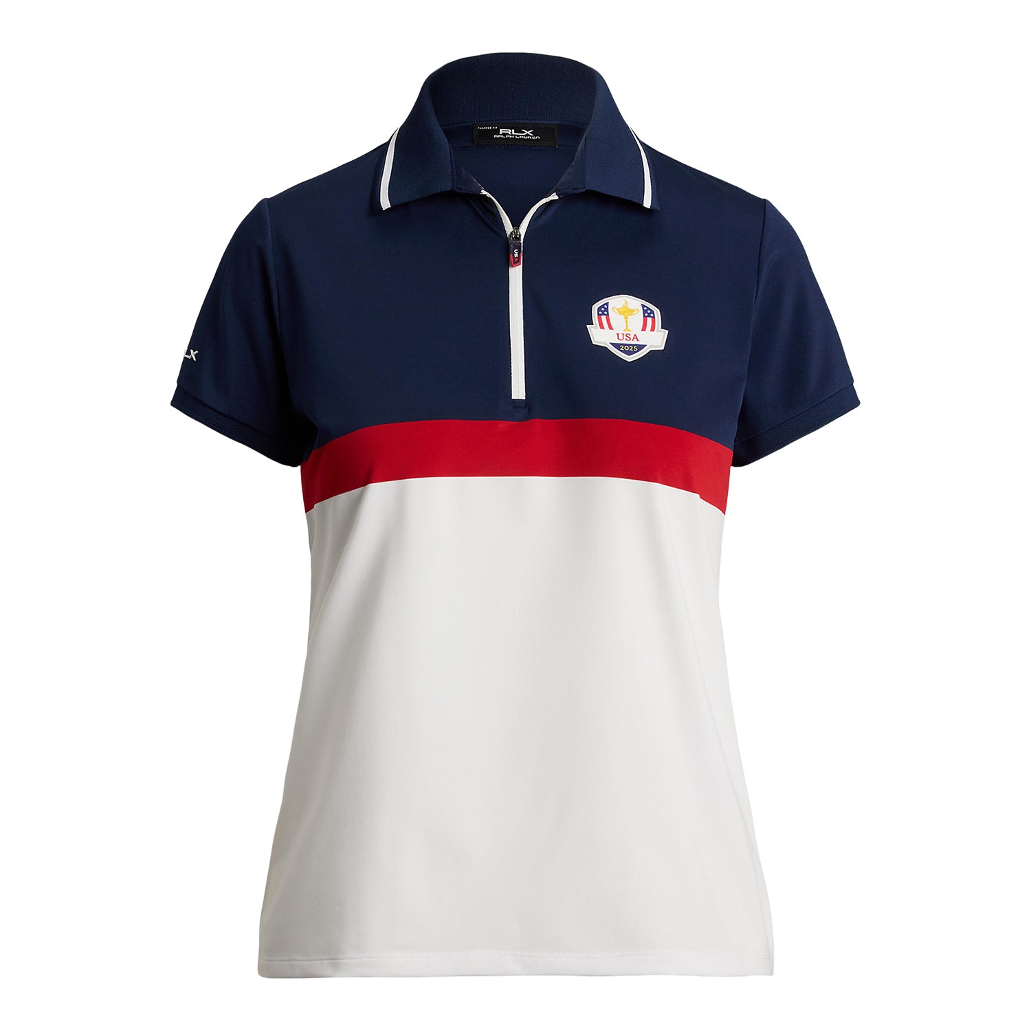 Ralph Lauren 2025 Ryder Cup Women's Quarter Zip Polo Shirt in Refined Navy and Ceramic White - Front View