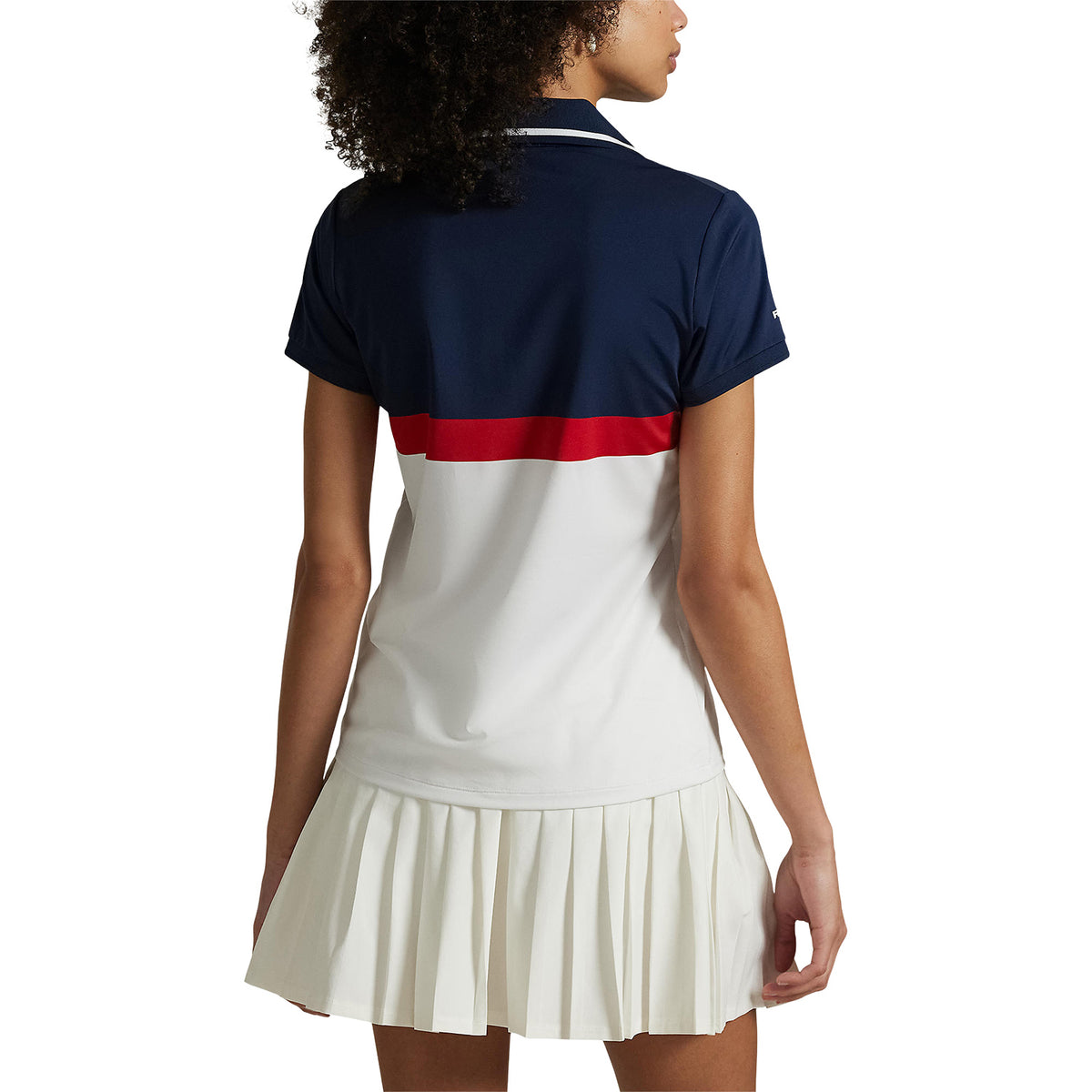 Ralph Lauren 2025 Ryder Cup Women's Quarter Zip Polo Shirt in Refined Navy and Ceramic White - Modeled Back View