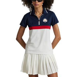 Ralph Lauren 2025 Ryder Cup Women's Quarter Zip Polo Shirt in Refined Navy and Ceramic White - Modeled Front View