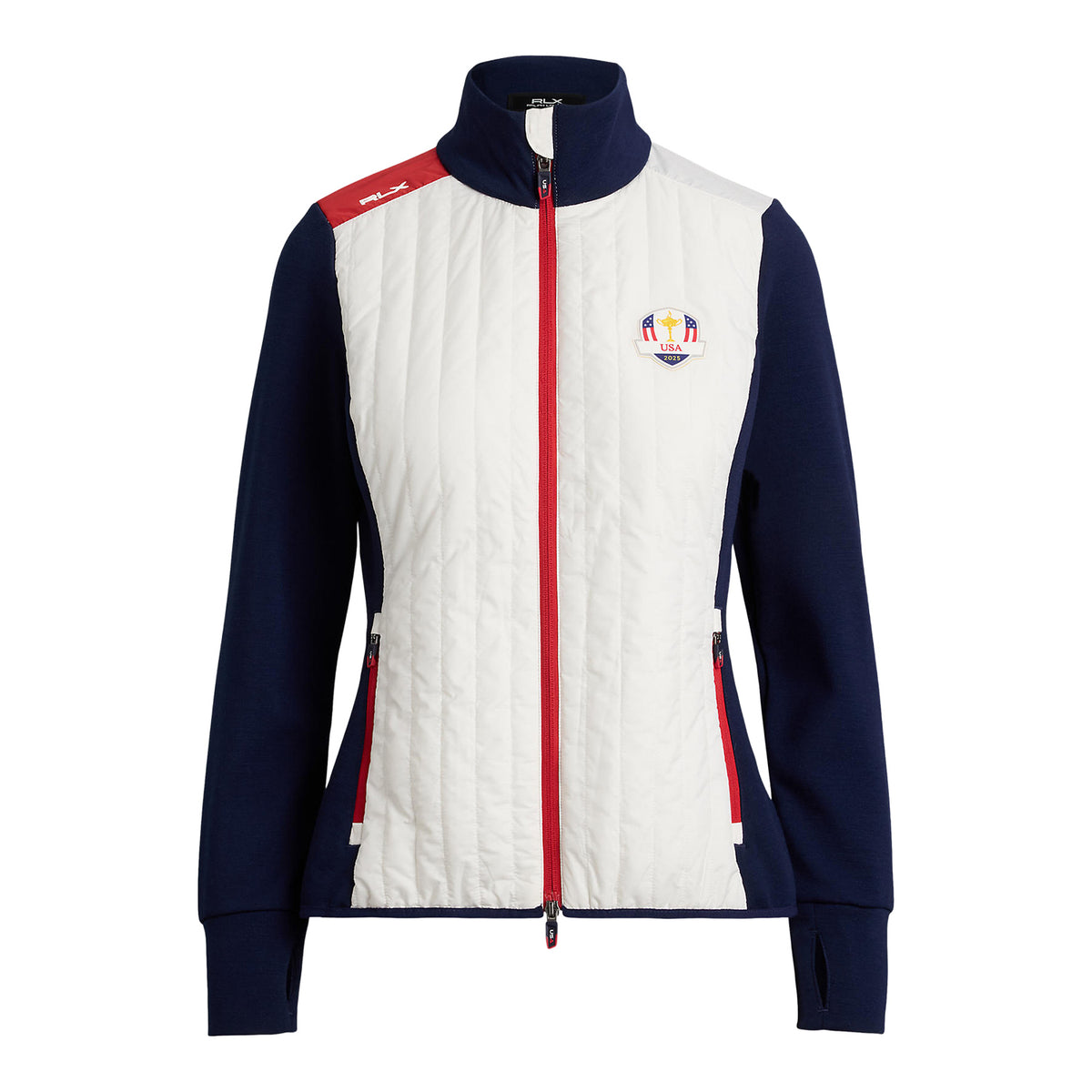 Ralph Lauren 2025 Ryder Cup Women's Hybrid Quilted Jacket in Refined Navy and Ceramic White - Front View