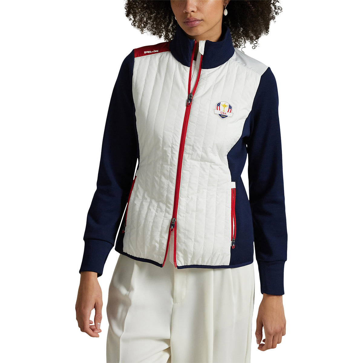 Ralph Lauren 2025 Ryder Cup Women's Hybrid Quilted Jacket in Refined Navy and Ceramic White - Modeled Front View