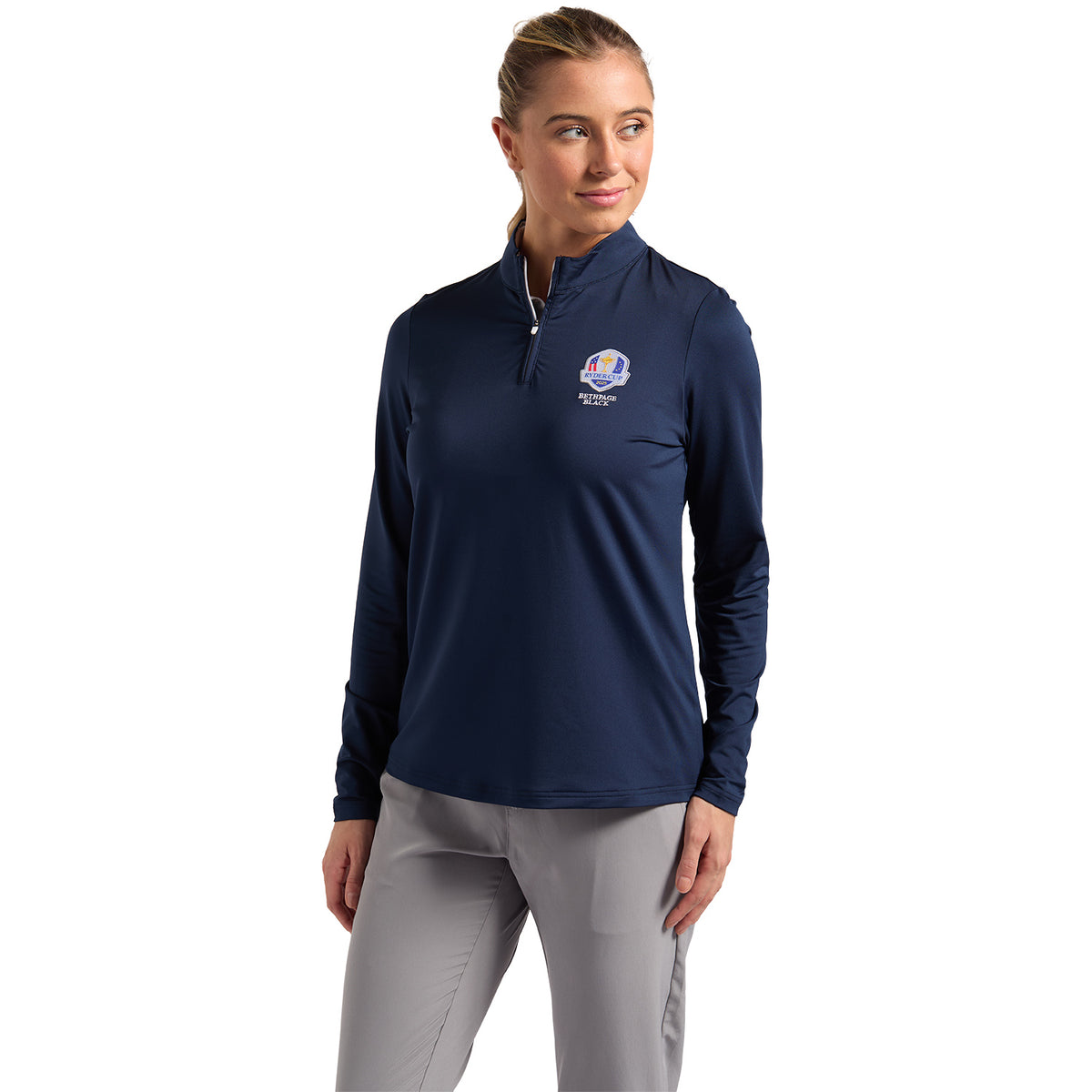 FootJoy 2025 Ryder Cup Women's Quarter Zip Midlayer in Navy - Modeled Front View