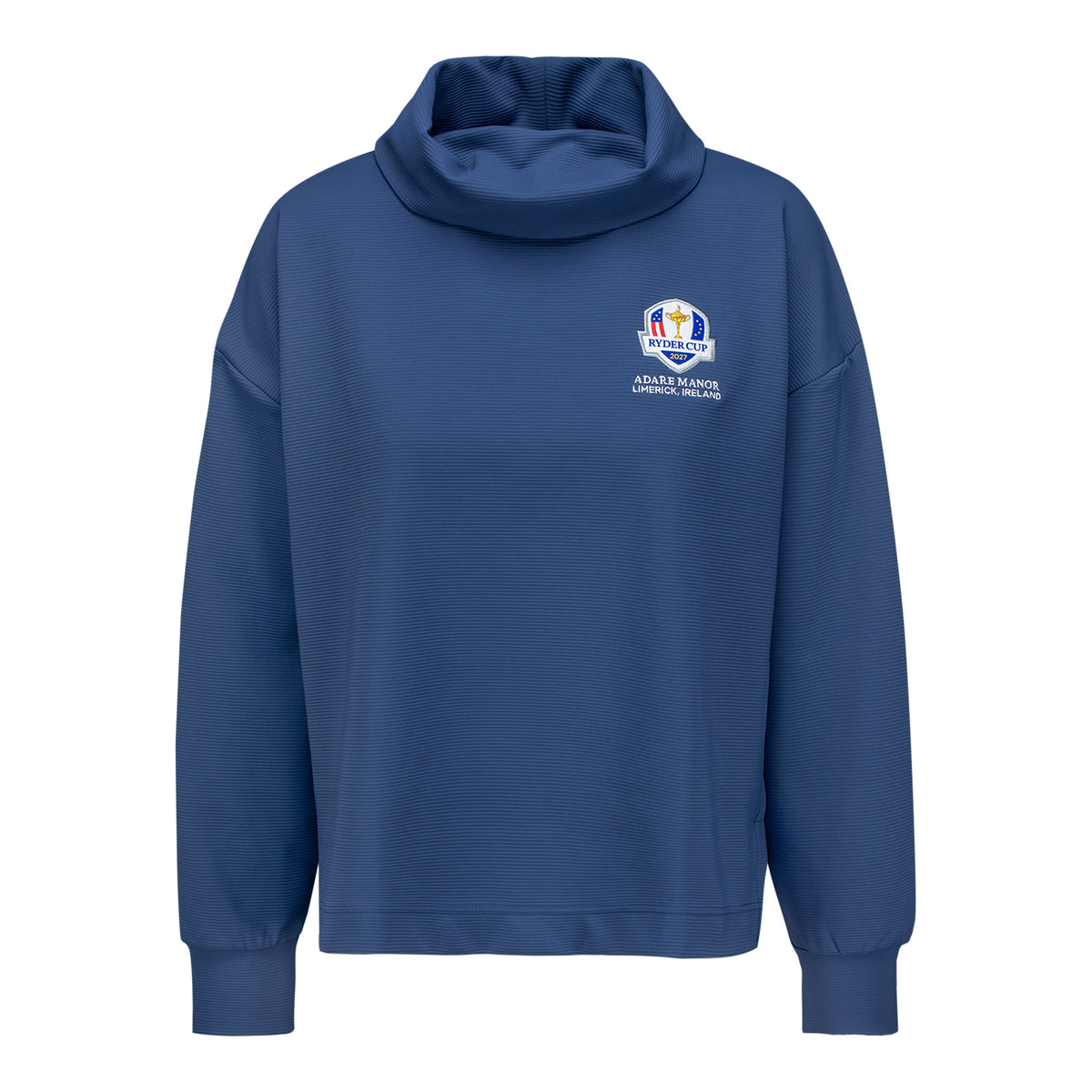 Zero Restriction 2027 Ryder Cup Women's Sam Ribbed Cowl Neck Pullover in Storm - Front