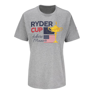 Ahead 2027 Ryder Cup Ladies Flags and Trophy T-Shirt in Heather Grey - Front View
