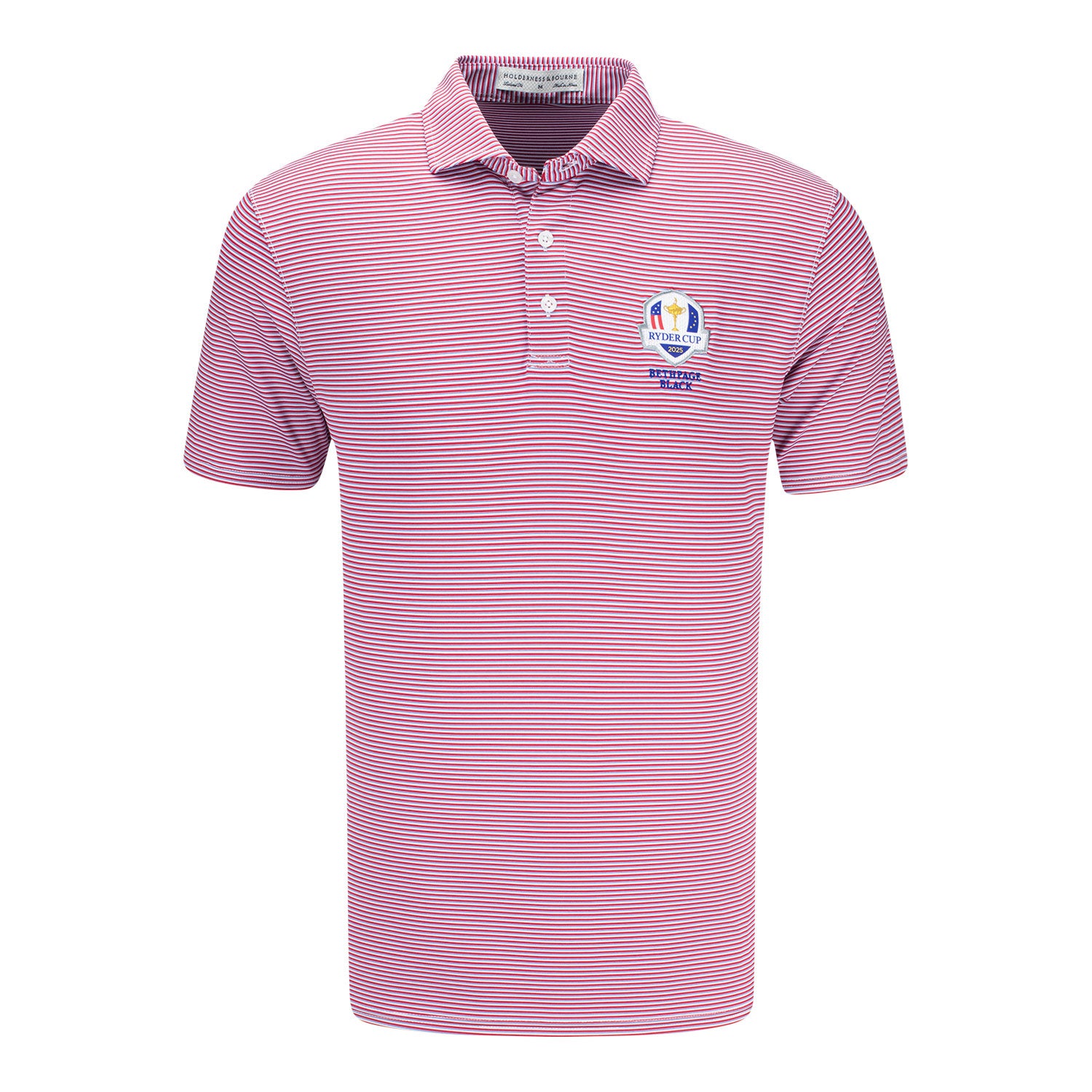 Holderness & Bourne 2025 Ryder Cup Gresham Stripe Polo in Liberty Red and Marlin Blue - Front View