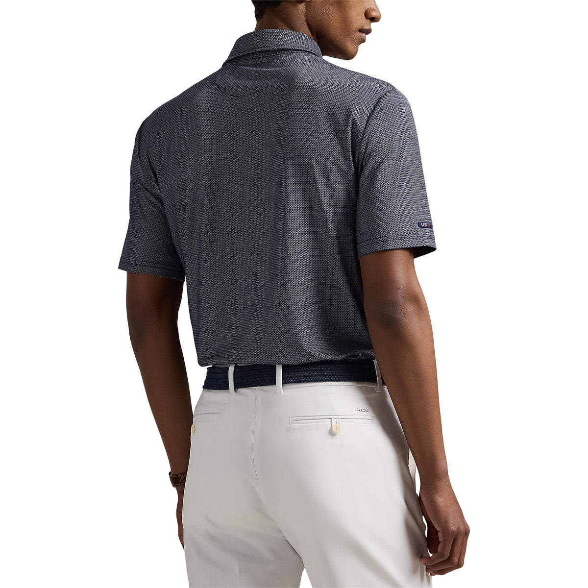Ralph Lauren 2025 Ryder Cup Team U.S. Performance Polo Shirt in Refined Navy Cube - Modeled Back View