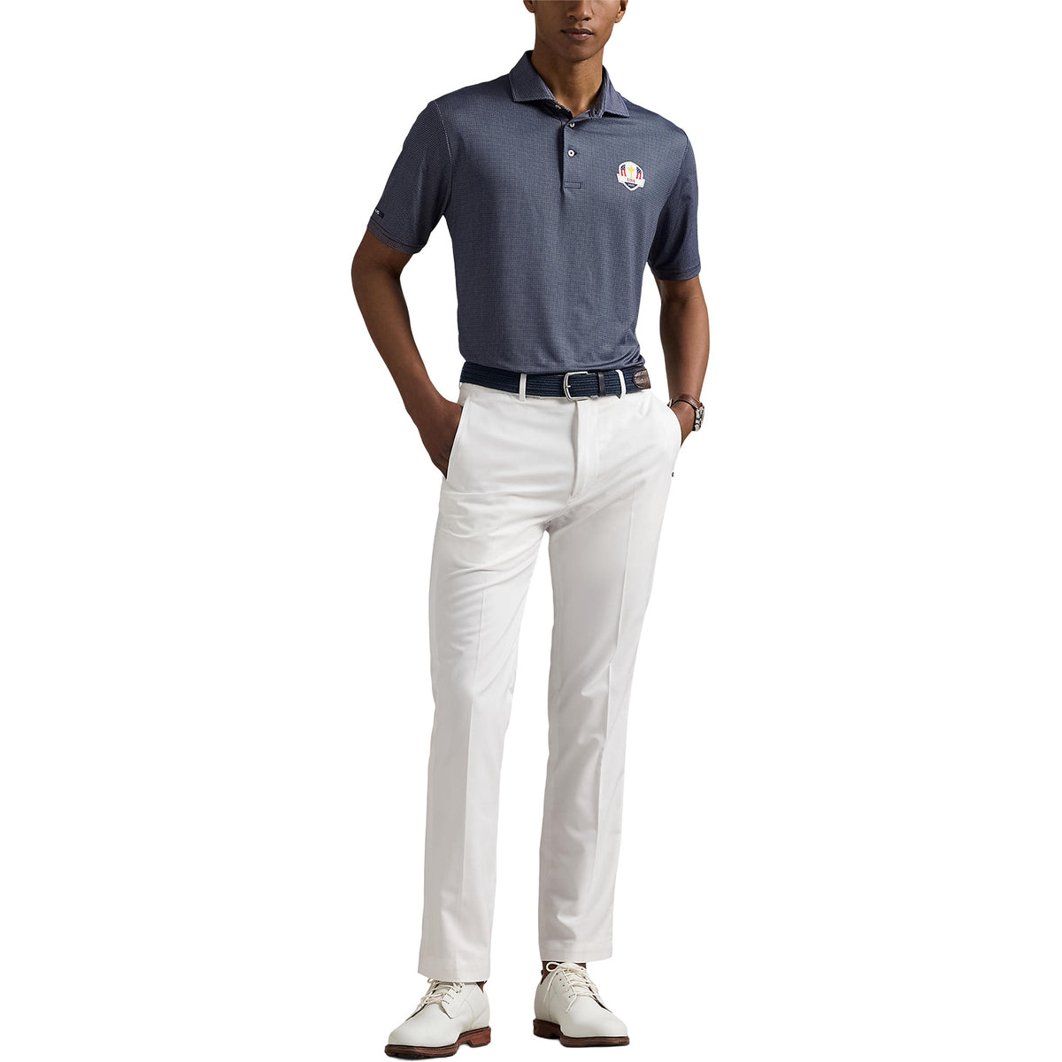 Ralph Lauren 2025 Ryder Cup Team U.S. Performance Polo Shirt in Refined Navy Cube - Modeled Full Body View