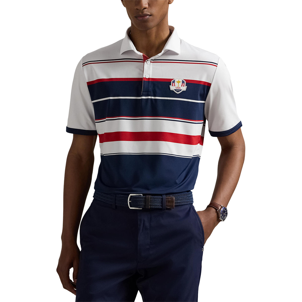Ralph Lauren 2025 Ryder Cup Team U.S. Performance Polo Shirt in Ceramic White Multi - Modeled Front View
