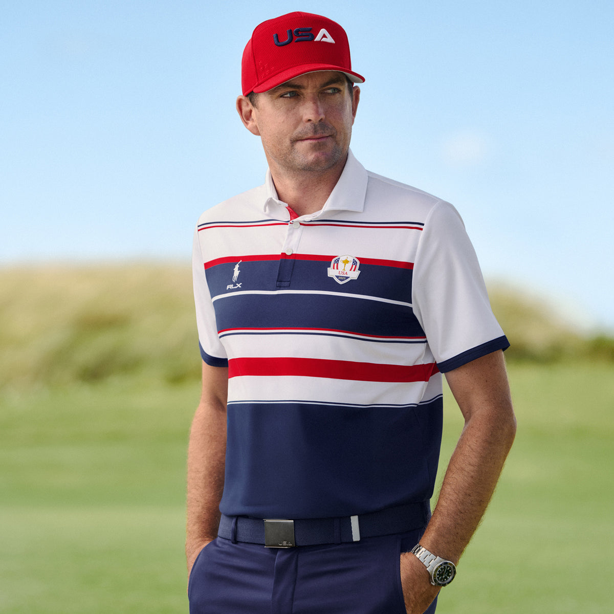 Ralph Lauren 2025 Ryder Cup U.S. Team Performance Polo Shirt in Ceramic White Multi - Modeled By Keegan Bradley