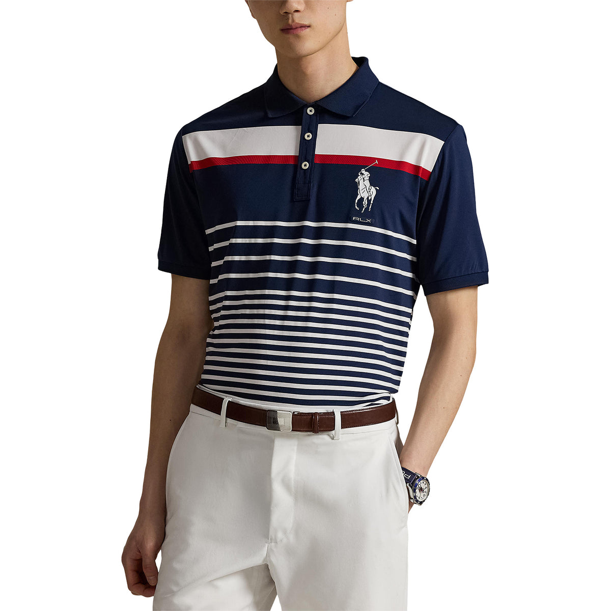 Ralph Lauren 2025 Ryder Cup Performance Pony Polo Shirt in Refined Navy Multi - Modeled Front View