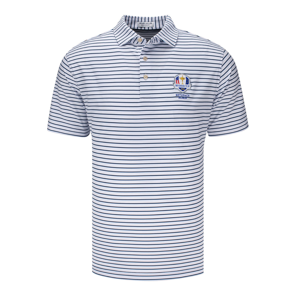 Peter Millar 2025 Ryder Cup Dunnes Wide Stripe Polo in White, Navy, and Cottage Blue - Front View