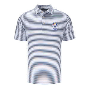 Peter Millar 2025 Ryder Cup Dunnes Wide Stripe Polo in White, Navy, and Cottage Blue - Front View