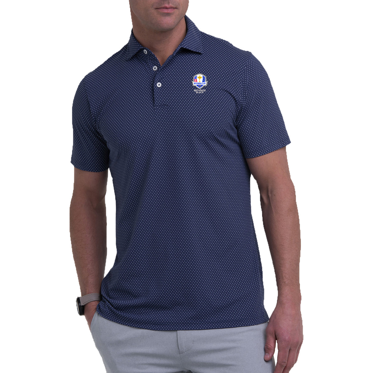 B. Draddy 2025 Ryder Cup Captain Cool Pattern Polo in Regal - Modeled Front View