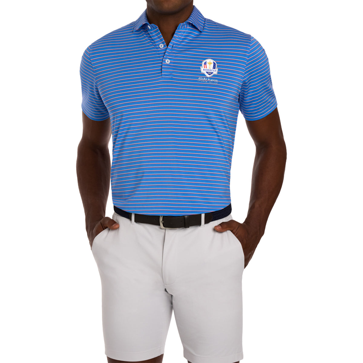 Holderness & Bourne 2027 Ryder Cup Springer Shirt in Horizon Blue, White, and Cabernet - Modeled Front View