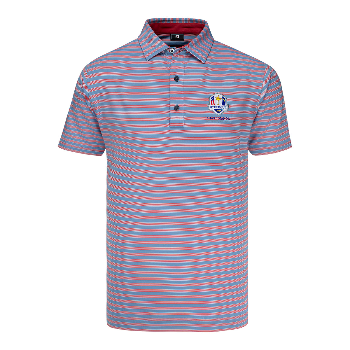 FootJoy 2027 Ryder Cup Pinstripe Cluster Lisle Polo in White, Chambray, and Nantucket Red - Front View