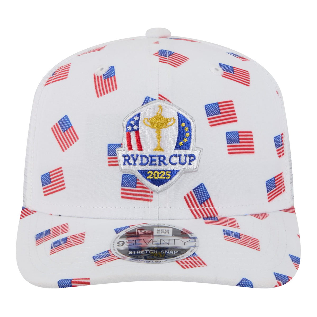 New Era 2025 Ryder Cup 9Seventy Flag Pattern Trucker Hat in White - Front View