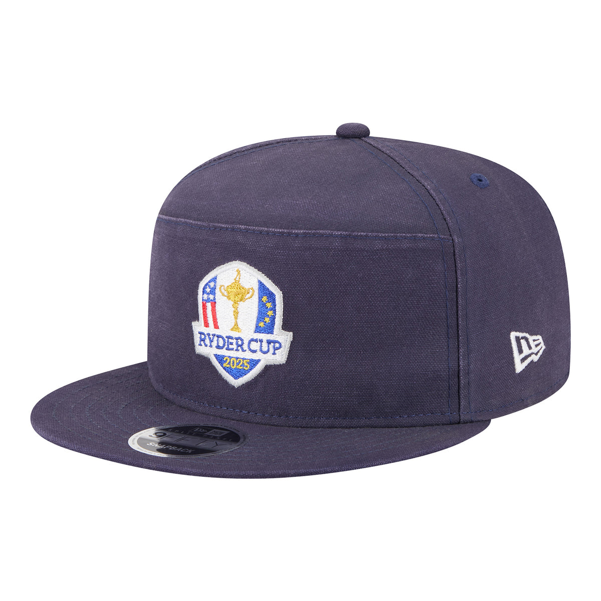 New Era 2025 Ryder Cup 9Fifty Split Panel Cotton Canvas Hat in Navy - Angled Front Left View