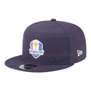 New Era 2025 Ryder Cup 9Fifty Split Panel Cotton Canvas Hat in Navy - Angled Front Left View