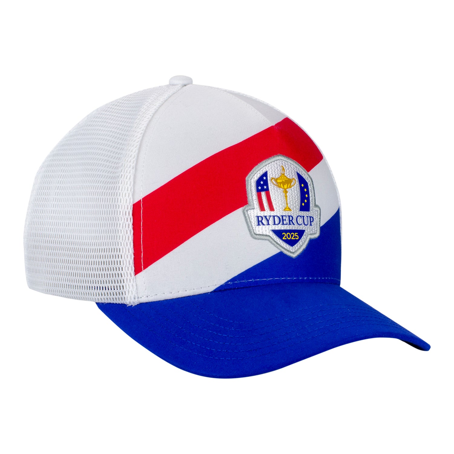 Ahead 2025 Ryder Cup Diagonal Stripe Meshback Hat in Red, White, and Blue - Angled Front Left View