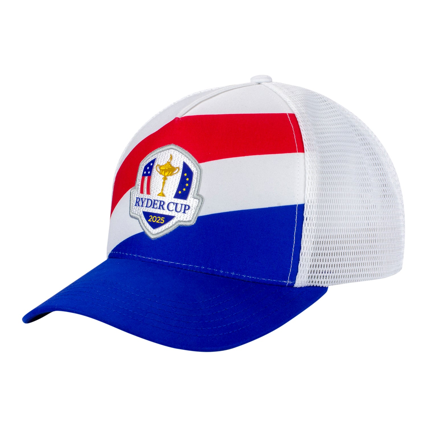 Ahead 2025 Ryder Cup Diagonal Stripe Meshback Hat in Red, White, and Blue - Angled Front Left View