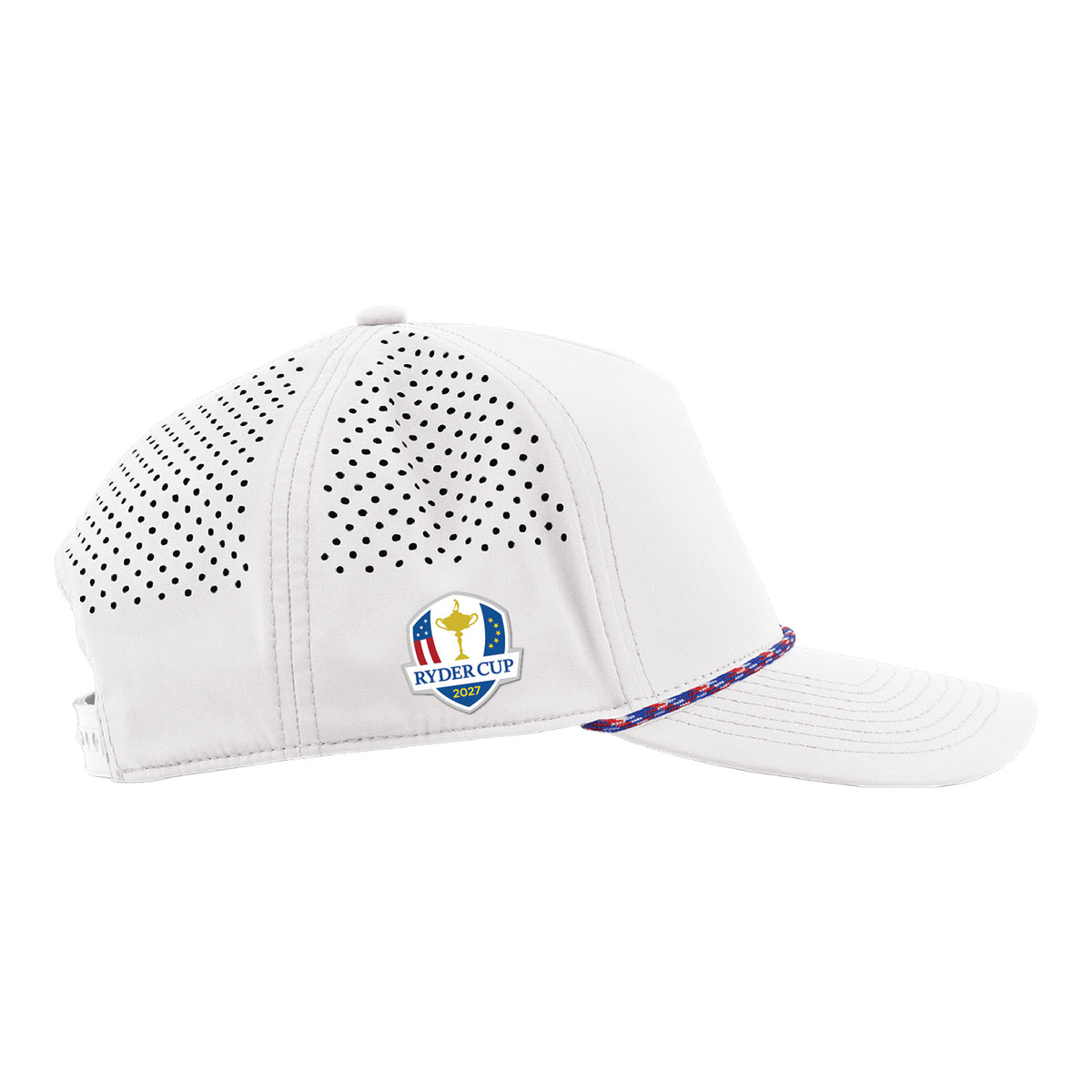 Branded Bills 2027 Ryder Cup 545 Performance Series Curved 5-Panel Rope Eagle Hat in White with Red, White, and Blue Rope - Right