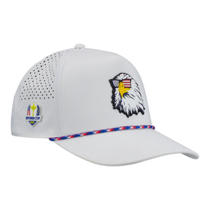 Branded Bills 2027 Ryder Cup 545 Performance Series Curved 5-Panel Rope Eagle Hat in White with Red, White, and Blue Rope - Front Right