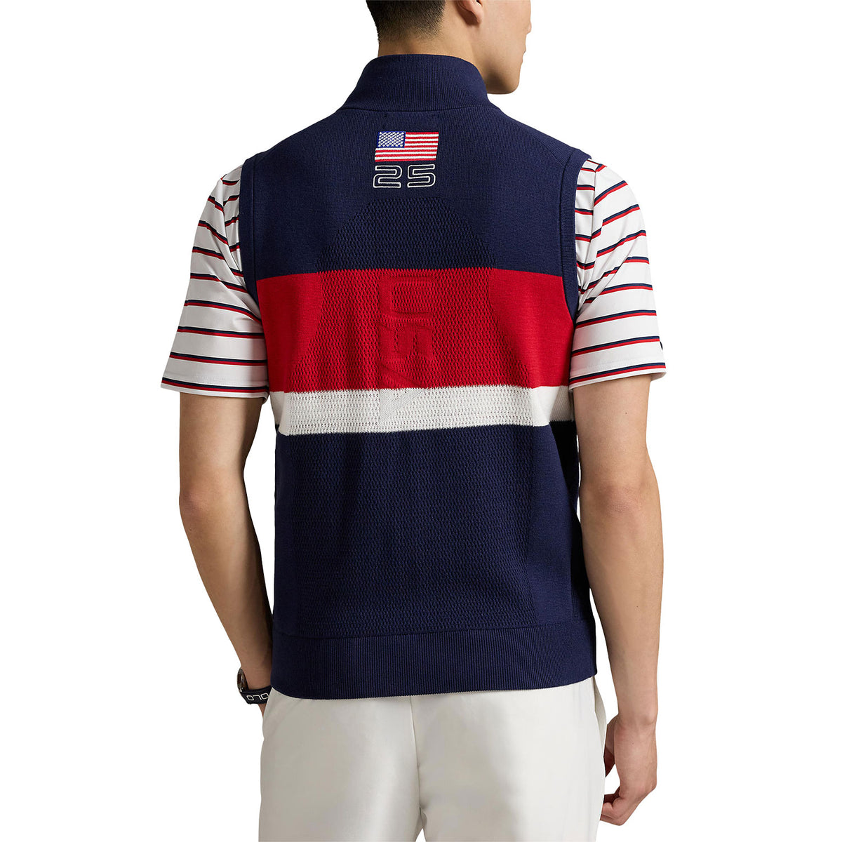 Ralph Lauren 2025 Ryder Cup Performance Sweater Vest in Refined Navy Multi - Modeled Back Vew