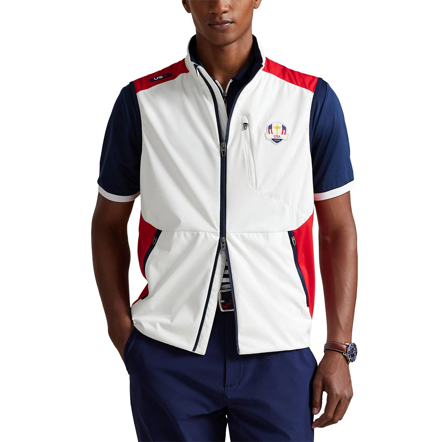 Ralph Lauren 2025 Ryder Cup Packable Vest in Ceramic White Multi - Modeled Front View