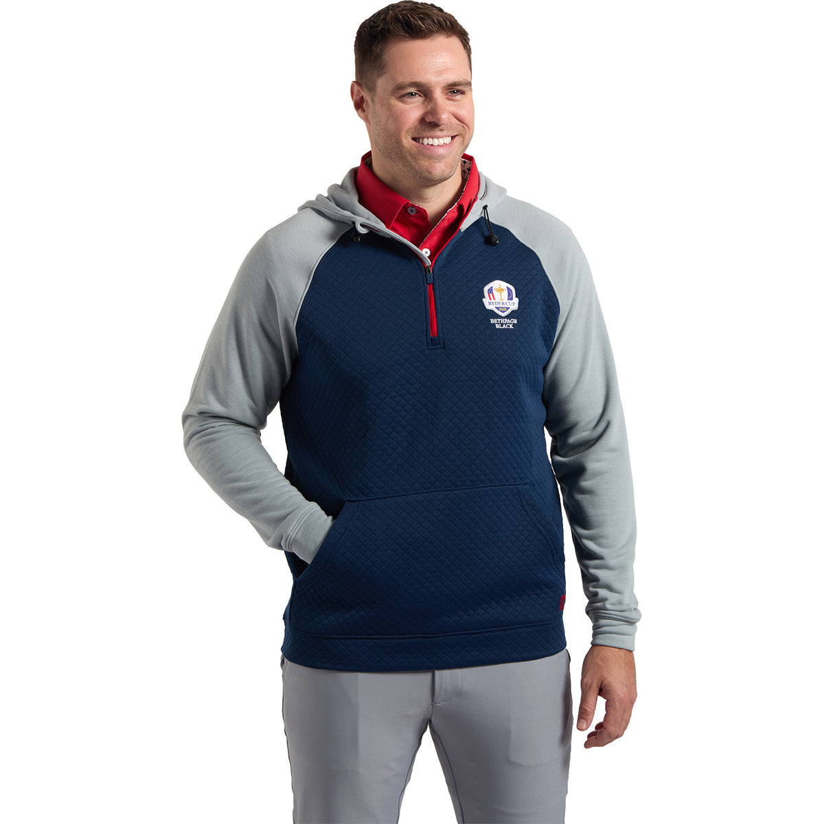 FootJoy 2025 Ryder Cup Hybrid Quarter Zip Hoodie in Navy and Grey - Modeled Front View
