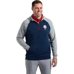 FootJoy 2025 Ryder Cup Hybrid Quarter Zip Hoodie in Navy and Grey - Modeled Front View