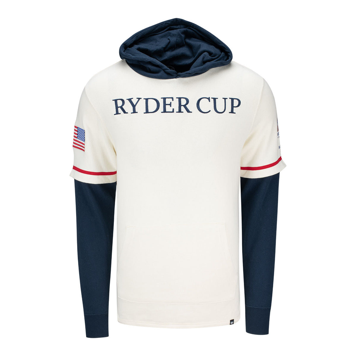 '47 Brand 2025 Ryder Cup Trifecta Shortstop Pullover Hoodie in Cream and Navy - Front View