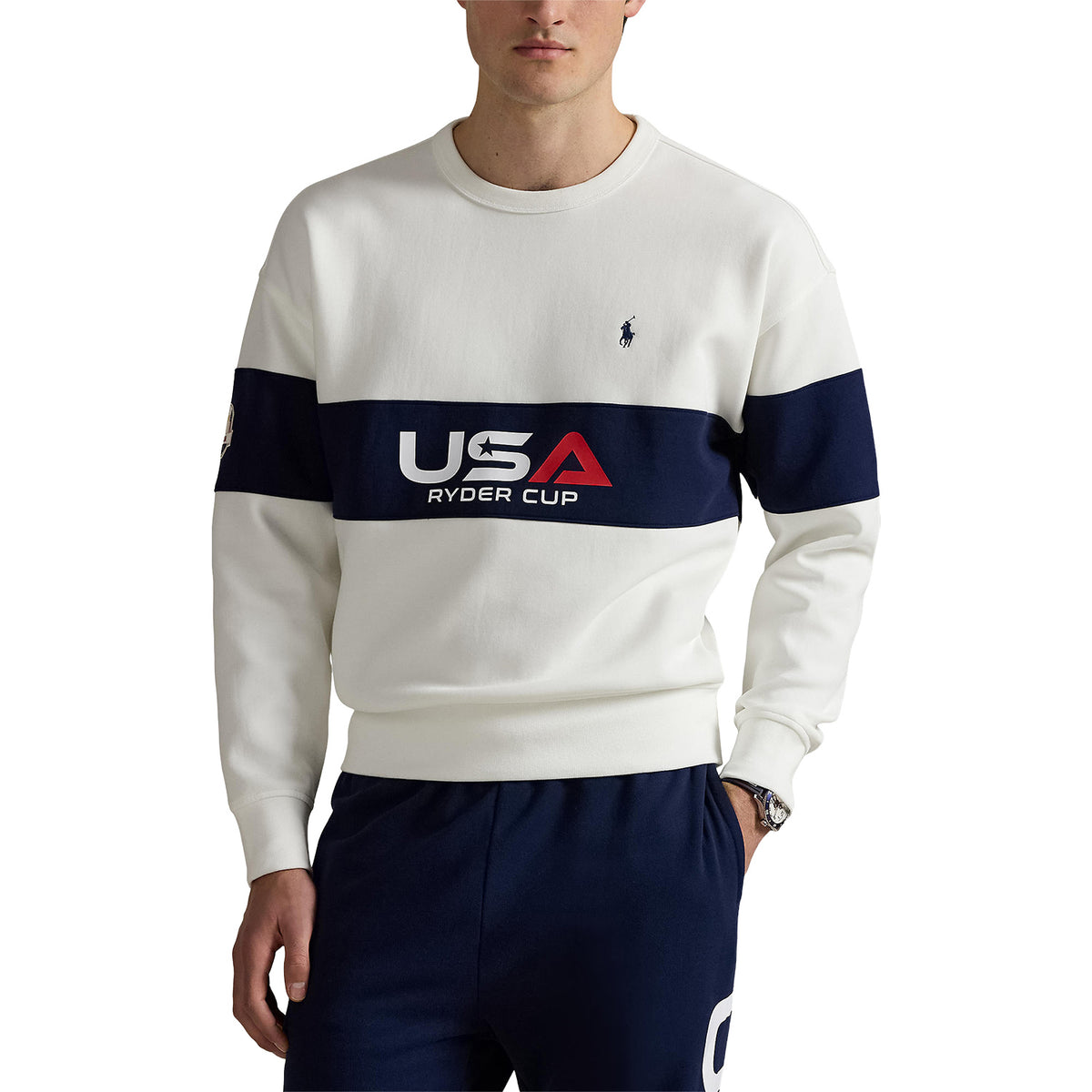 Ralph Lauren 2025 Ryder Cup Performance Sweatshirt in Refined Navy Multi - Modeled Front View