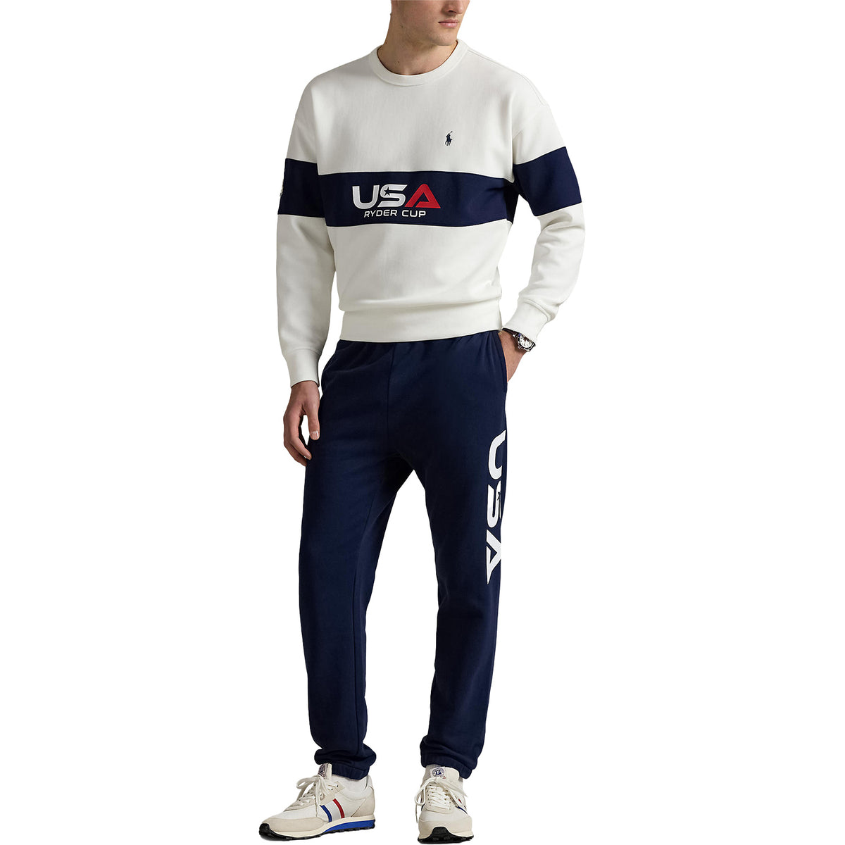 Ralph Lauren 2025 Ryder Cup Performance Sweatshirt in Refined Navy Multi - Modeled Full Body
