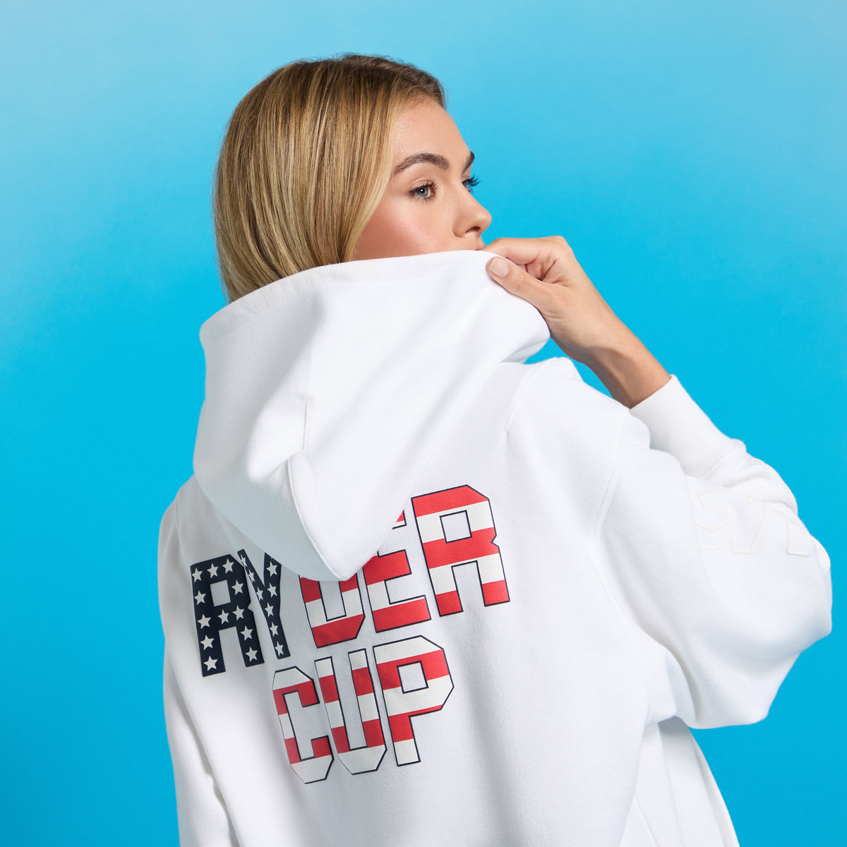 GFORE 2025 Ryder Cup French Terry Hoodie in Snow - Modeled Female Back View