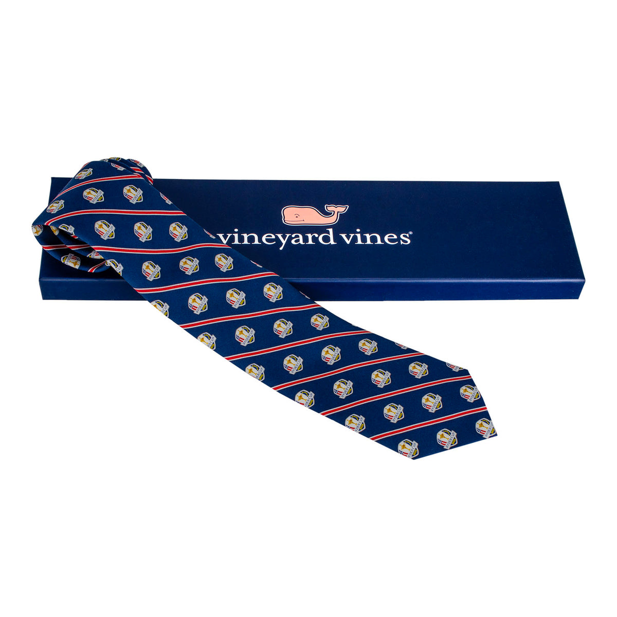 Vineyard Vines 2025 Ryder Cup Regimental Stripe Tie - Tie and Packaging