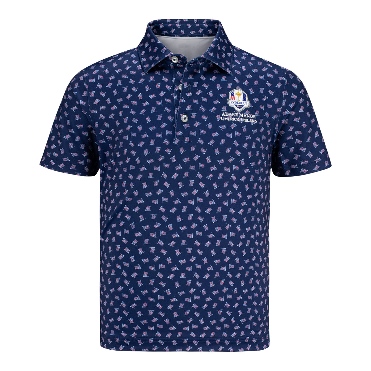 Johnnie-O 2027 Ryder Cup Boy's USA Flag Performance Jersey Polo in Navy - Front