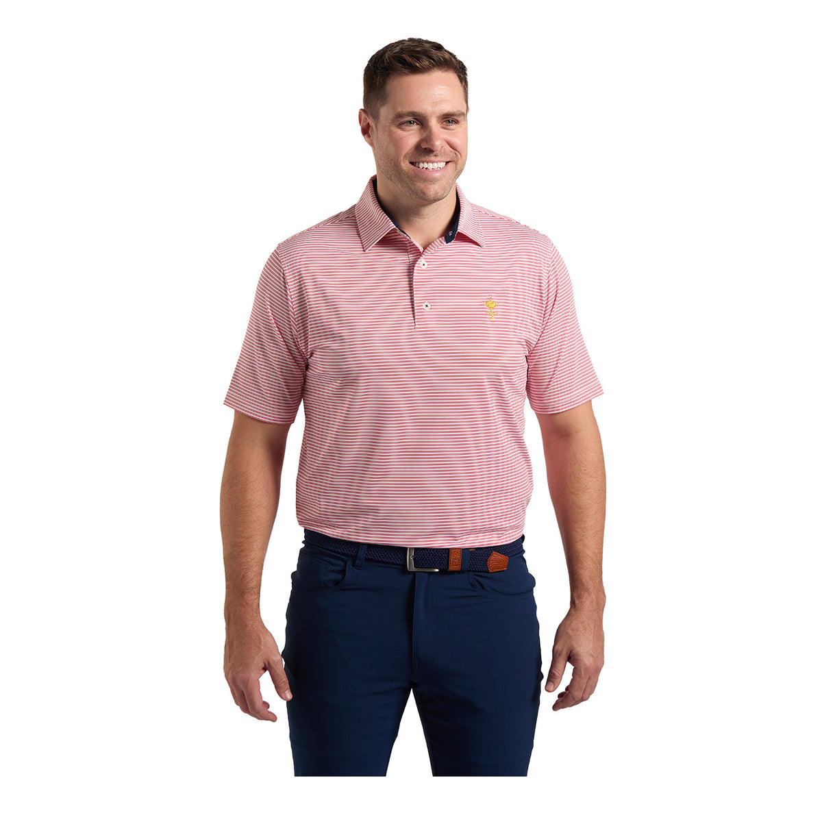 FootJoy 1927 Trophy Striped Polo in Red - Modeled Front View