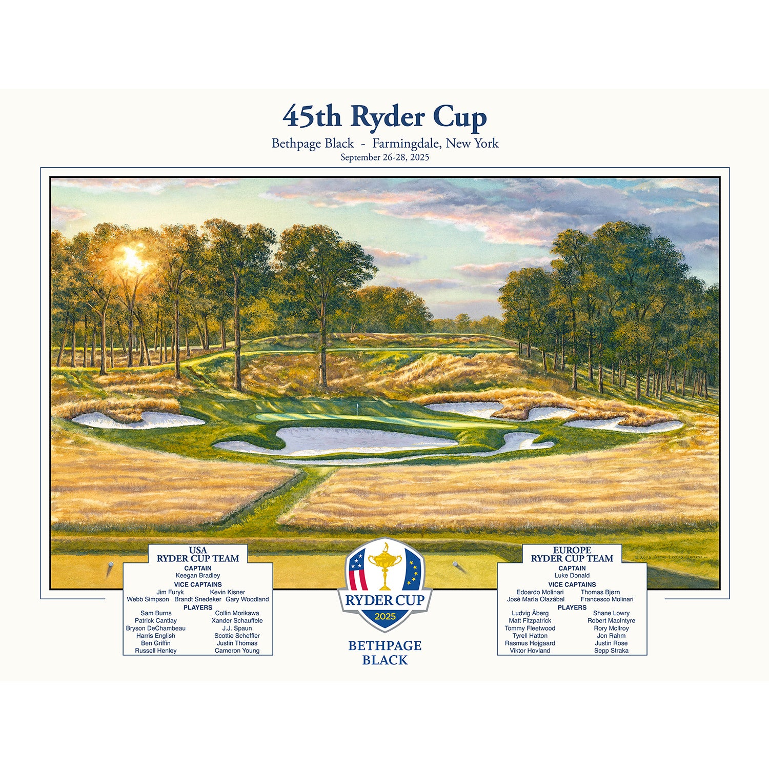 Lotus Art 2025 Ryder Cup Bethpage Black Poster with Team Names - Front View
