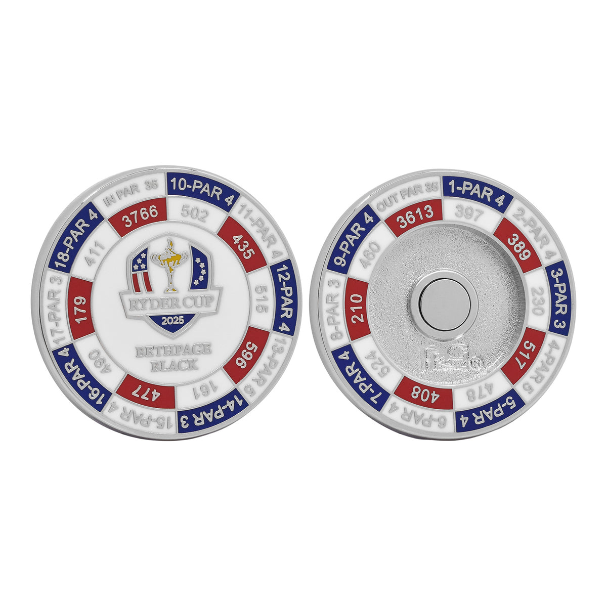 PRG Golf 2025 Ryder Cup Yardage Duo Ball Marker - Front and Back View
