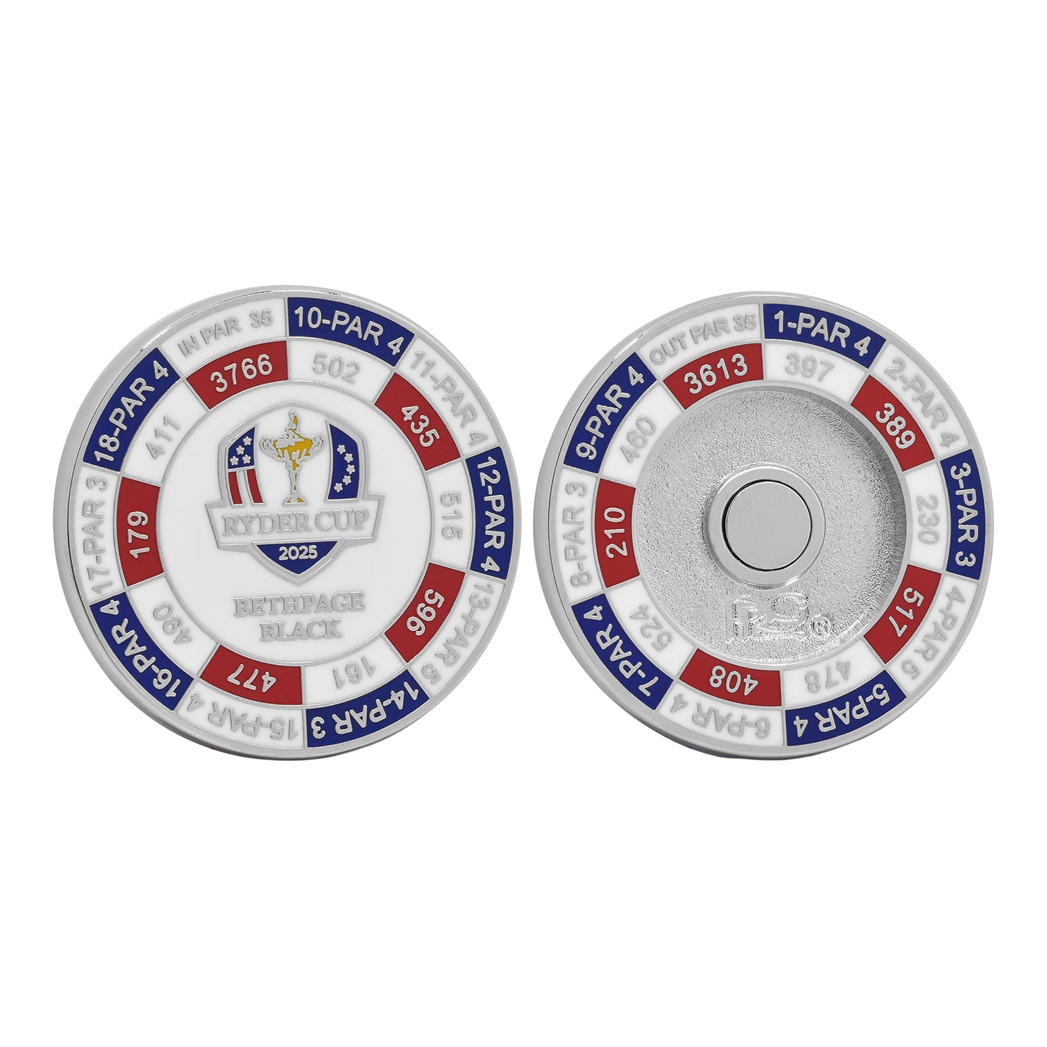 PRG Golf 2025 Ryder Cup Yardage Duo Ball Marker - Front and Back View