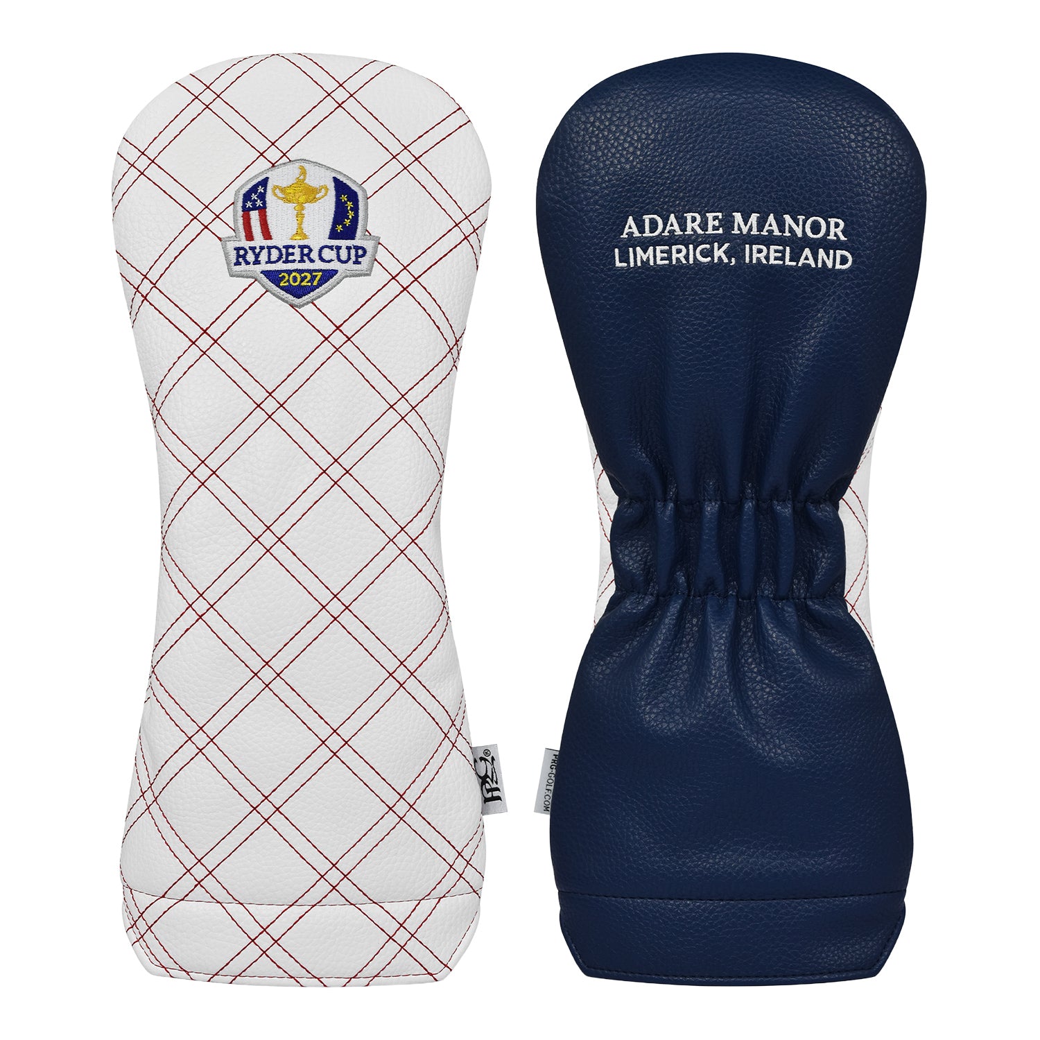 PRG Golf 2027 Ryder Cup Double Quilt Stitch Driver Cover in White and Navy - Front and Back