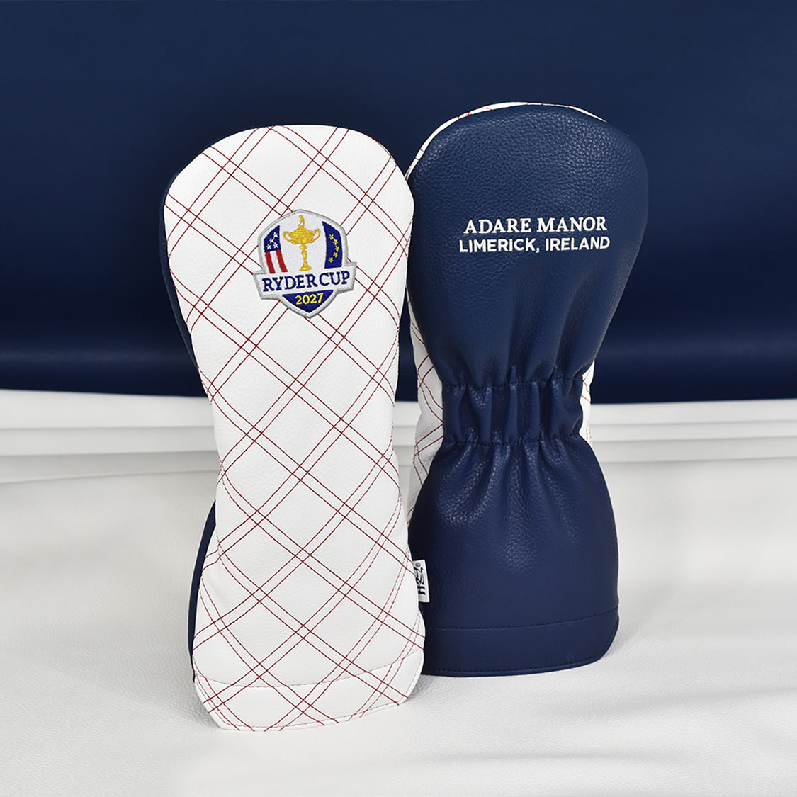 PRG Golf 2027 Ryder Cup Double Quilt Stitch Driver Cover in White and Navy - Front and Back Styled
