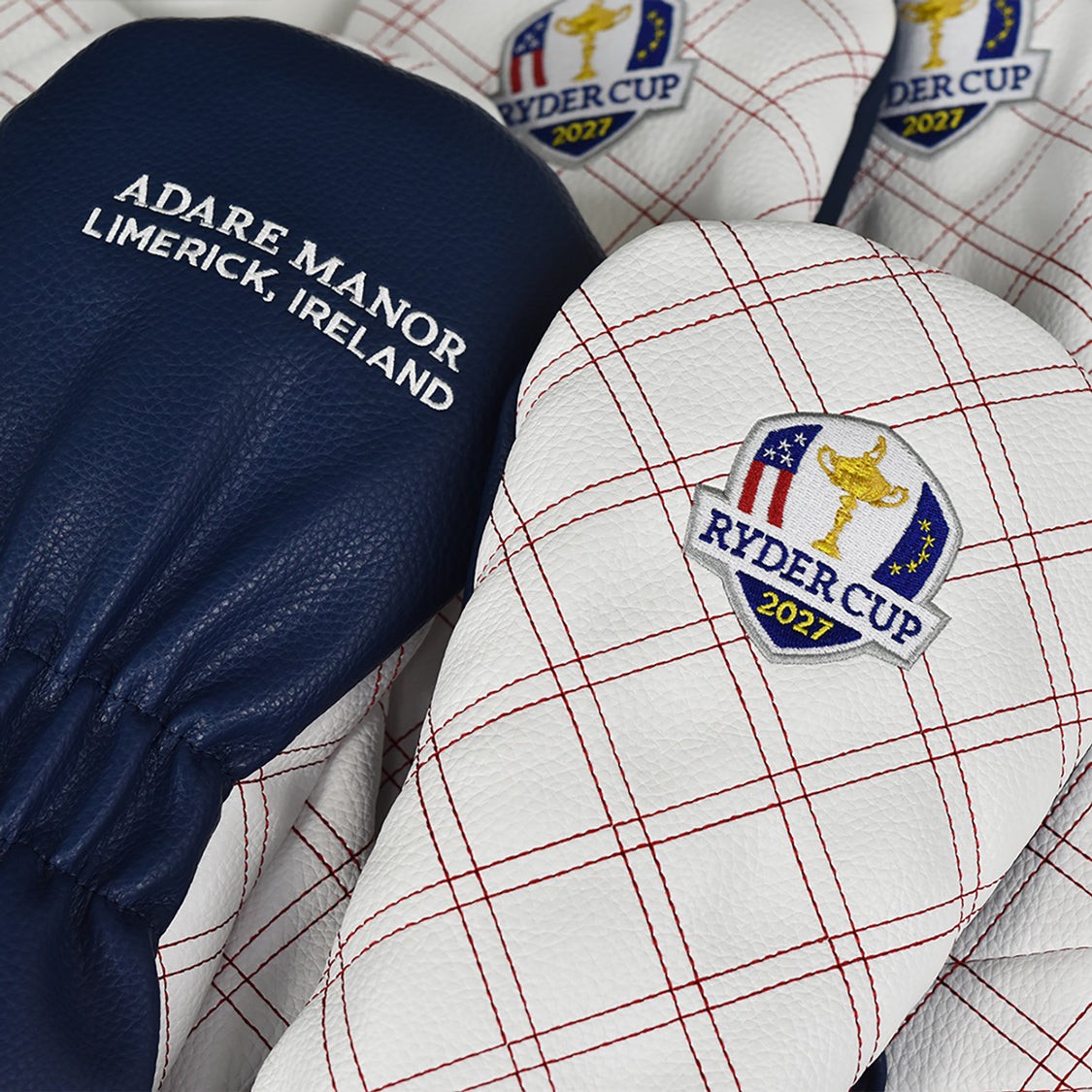 PRG Golf 2027 Ryder Cup Double Quilt Stitch Driver Cover in White and Navy - Front and Back Detail