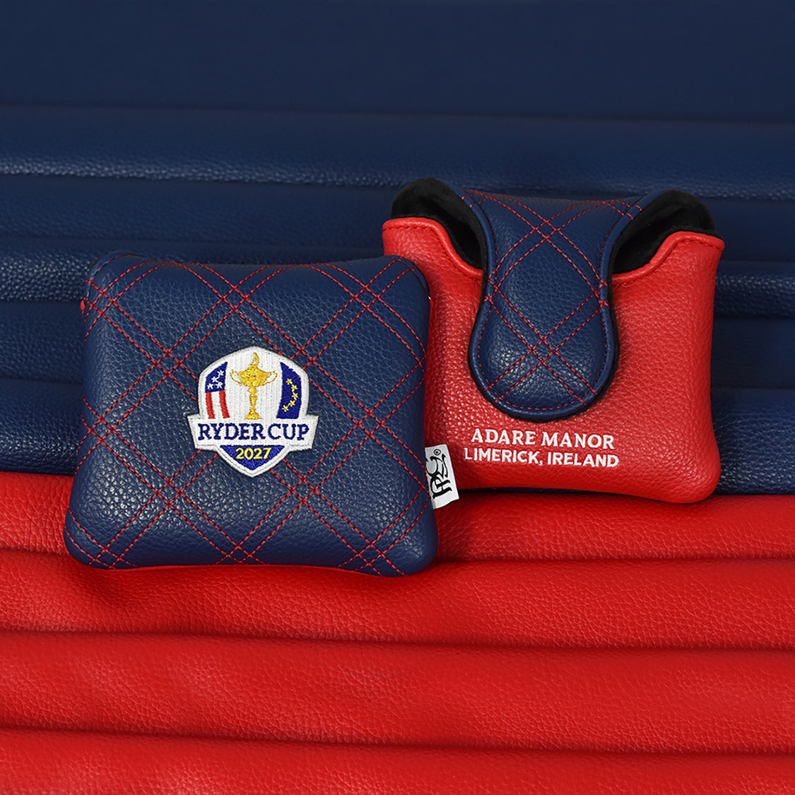 PRG Golf 2027 Ryder Cup Double Quilt Stitch Mallet Cover in Red and Navy - Front and Back Styled