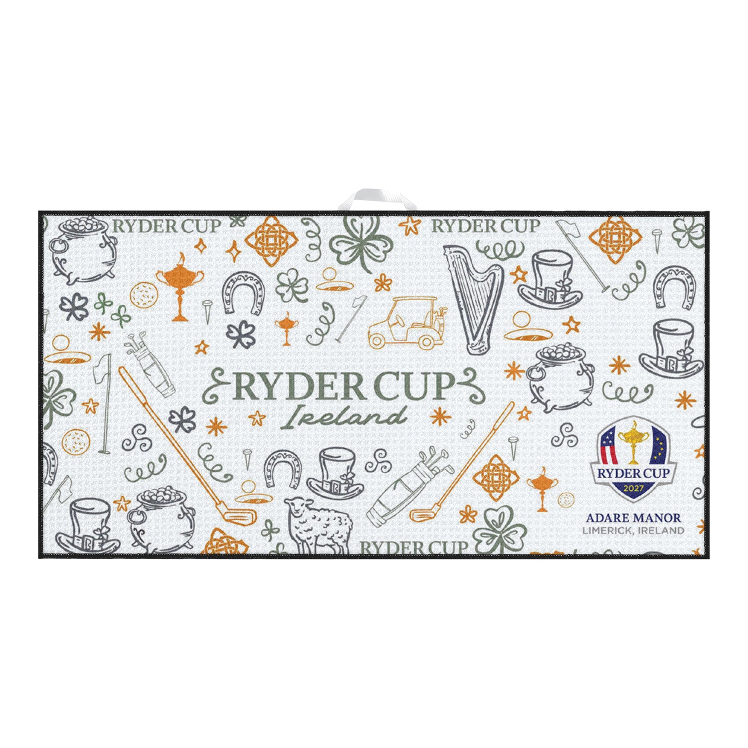 Dynamic 2027 Ryder Cup 16" x 32" Hi-Def Ultimate Microfiber Towel in White, Green, and Gold - Front