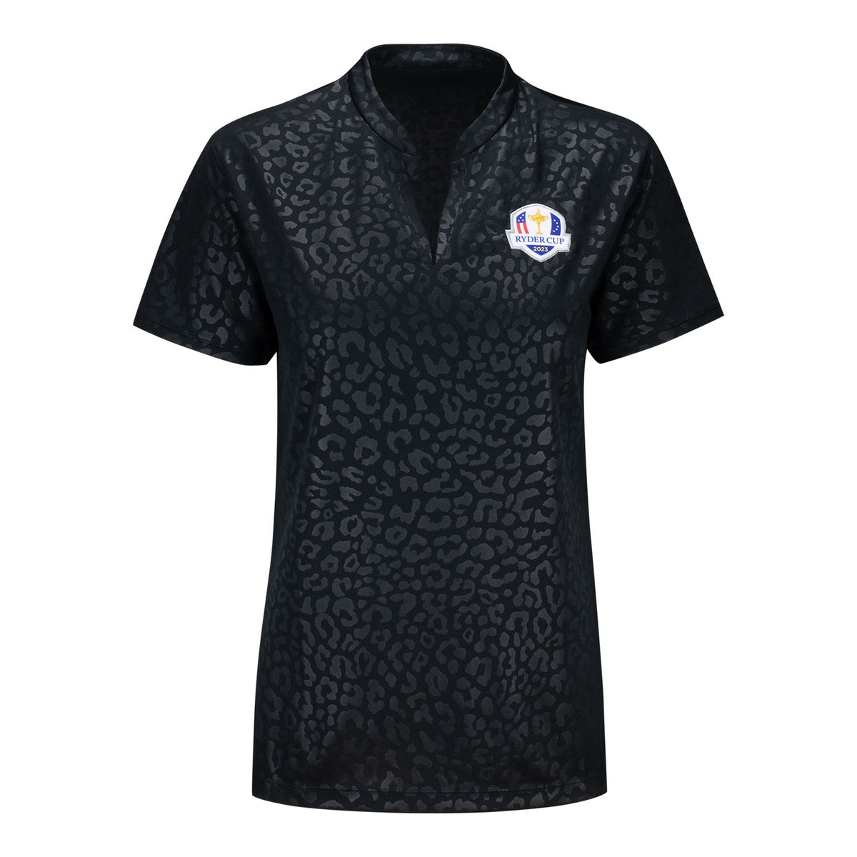 Nike 2023 Ryder Cup Women&#39;s Golf Cheetah Print Short Sleeve Polo - Front View