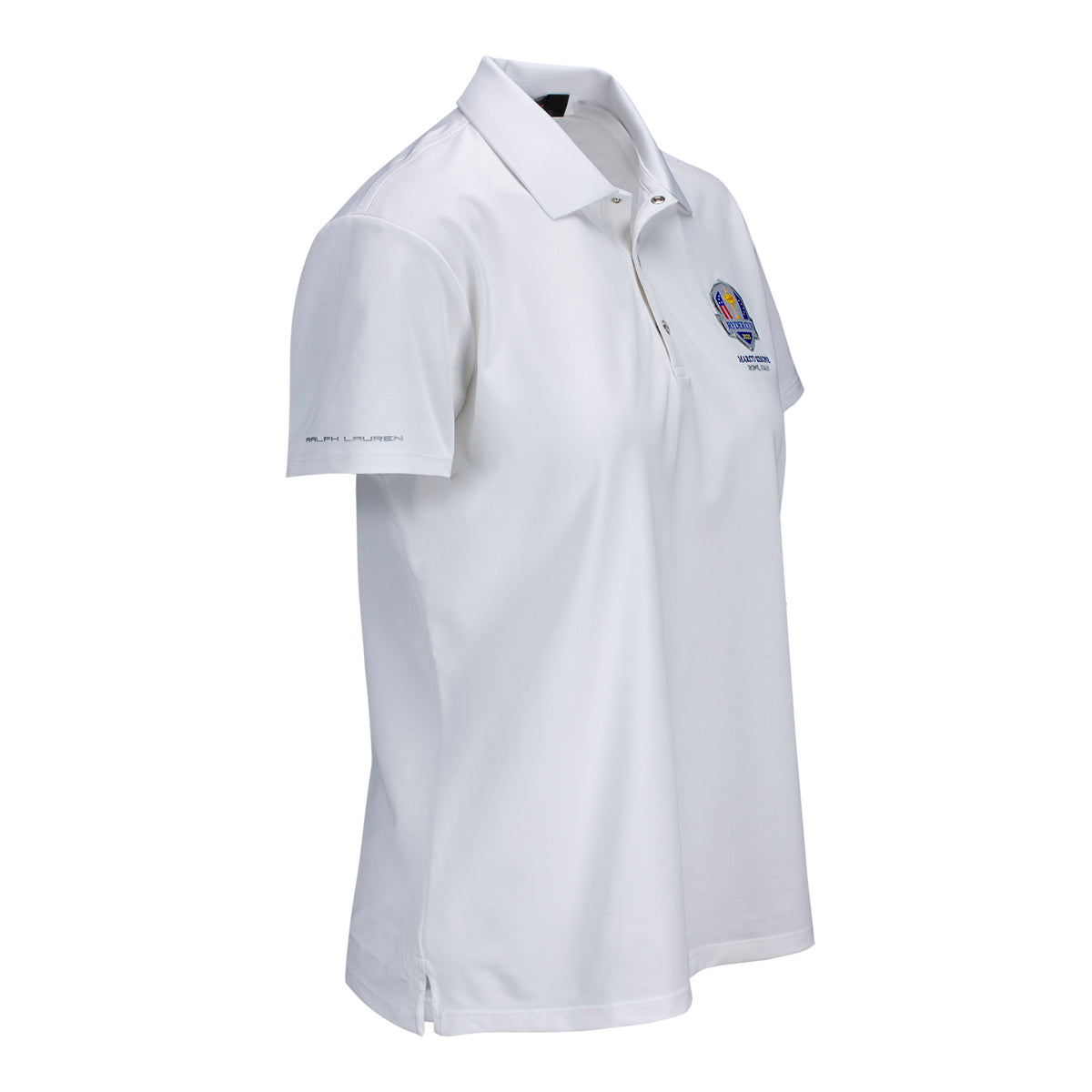 Ralph Lauren 2023 Ryder Cup Women&#39;s Short Sleeve Air - Tech Pique Polo in White - Angled Right Side View